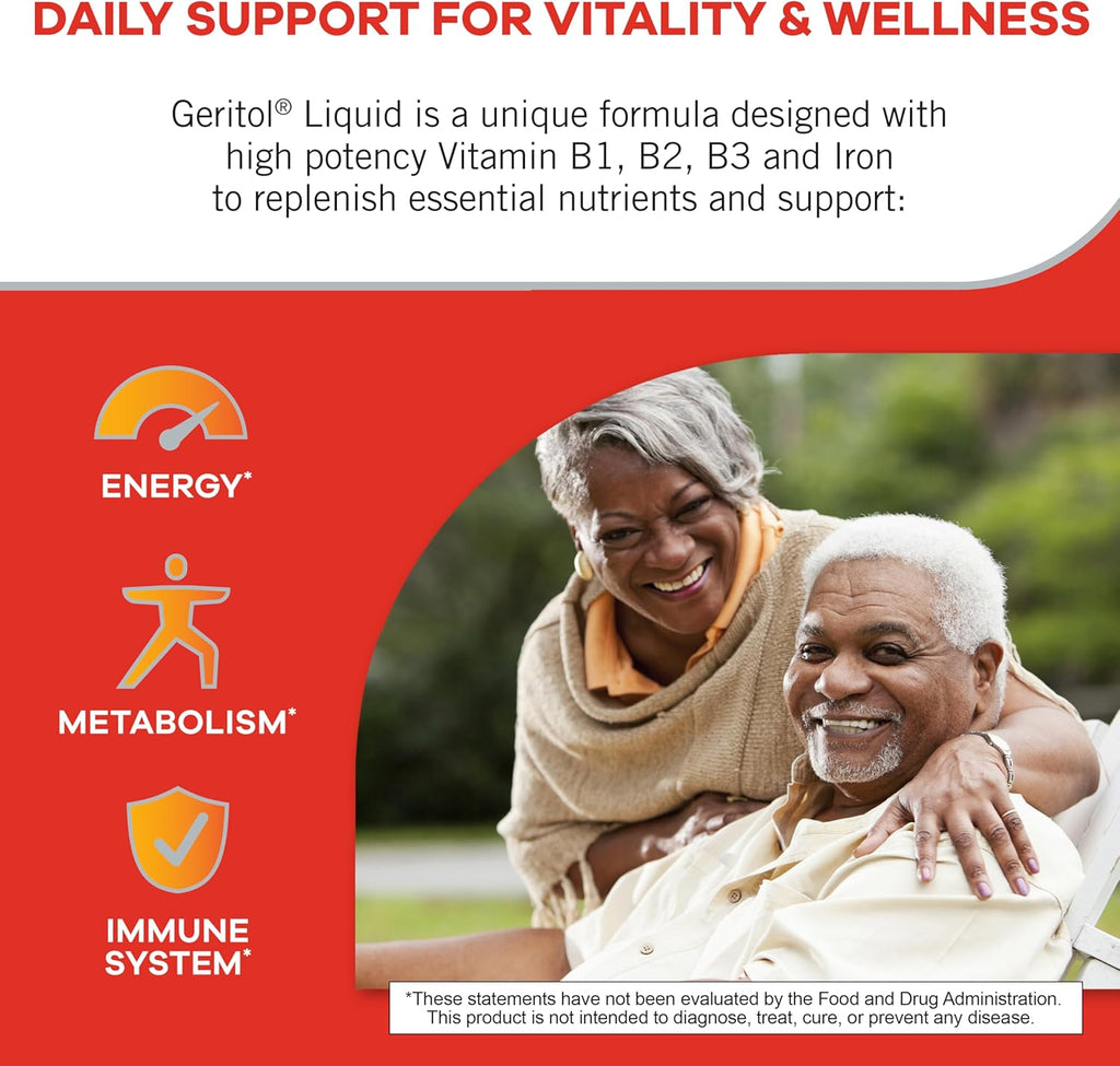 Geritol, Liquid Vitamin and Iron Supplement, Energy Support, Contains High Potency B-Vitamins and Iron, Pleasant Tasting, Easy to Swallow, No Artificial Sweeteners, Non-GMO, 12 Oz