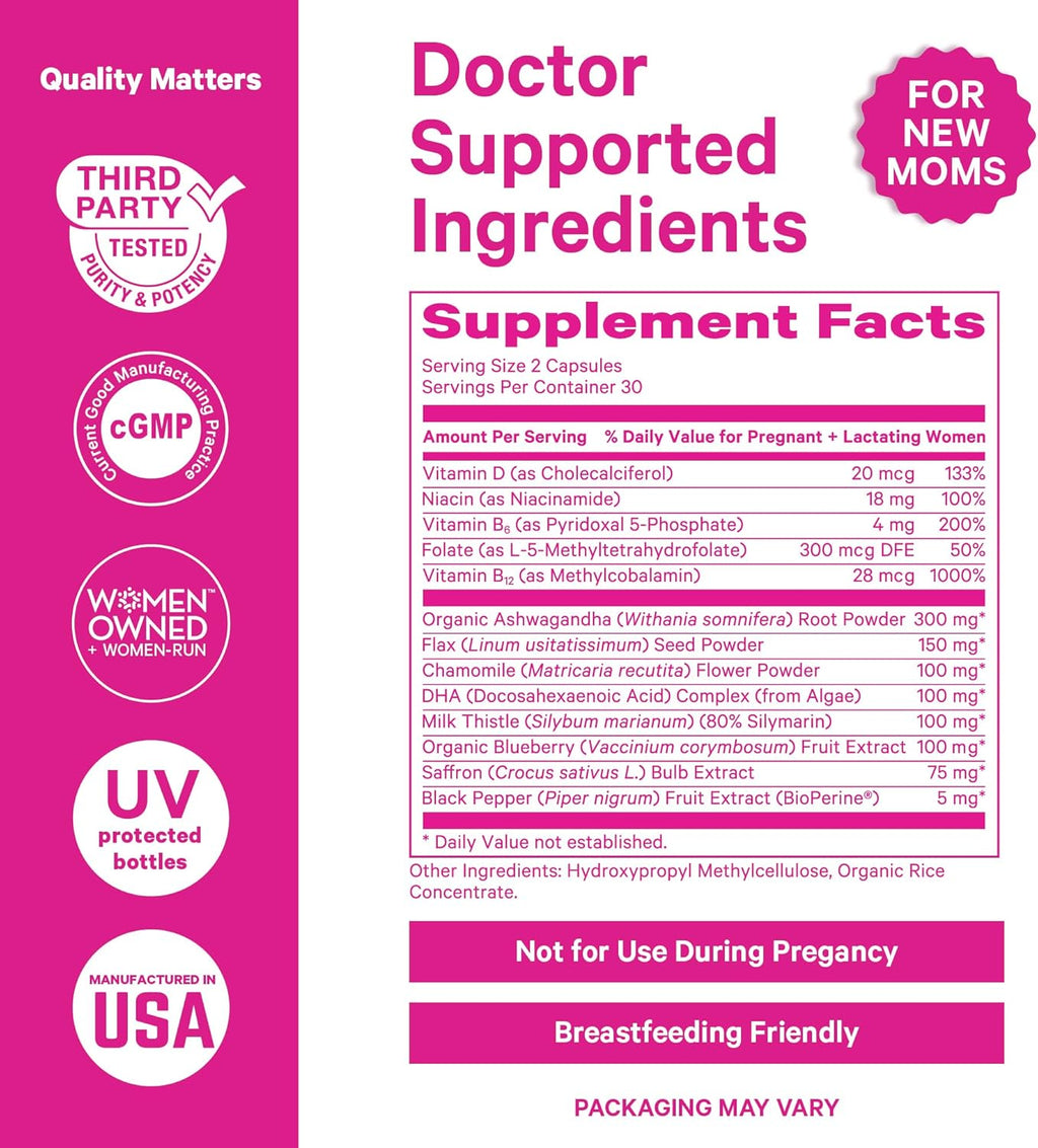 Pink Stork Postpartum Mood Support - Postnatal Hormone Balance for Moms - Breastfeeding Friendly - Stress & Cognitive Support, Postpartum Essentials - Ashwagandha, Chamomile, & Vitamin D, 120 Capsules