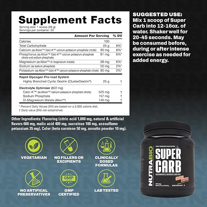 NutraBio Super Carb, Carbohydrate Powder with Cluster Dextrin & Electrolytes, Advanced Carb Supplement Powder for Workout Fuel, Performance, and Muscle Recovery, Cyclic Dextrin, Orange Mango, 30 Sv
