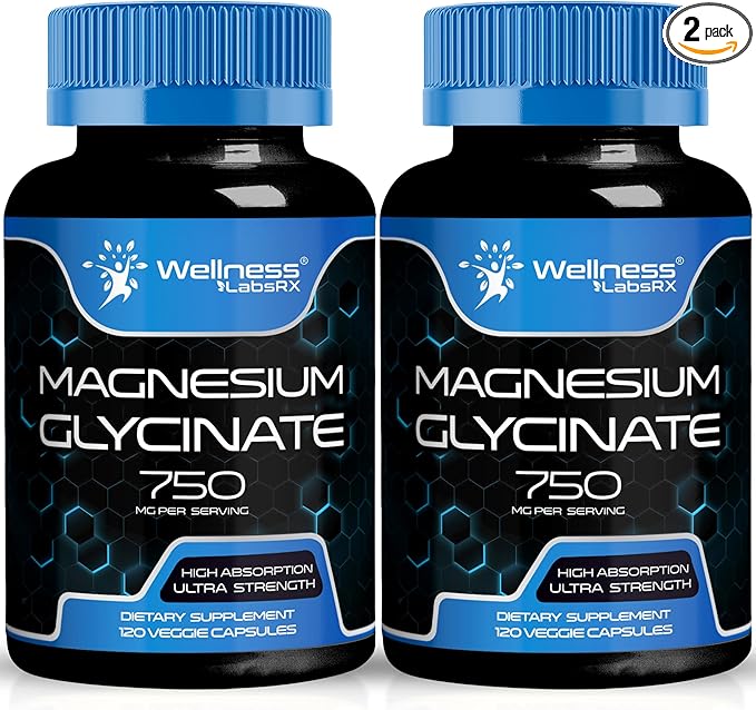 Magnesium Glycinate Capsules - 750mg | 120 Count, Magnesium Supplement for Women and Men - Pure Complex Glicinato De Magnesio, High Absorption, Heart Health, Sleep Supplement - 2 Packs
