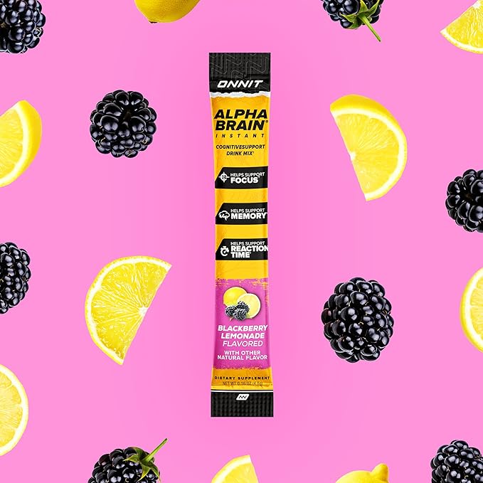 ONNIT Alpha Brain Instant Cognitive Support Drink Mix, BlackBerry Lemonade Flavor, Nootropic Supplement for Focus, Memory, and Clarity, 0.13 oz Packets, 30 Count