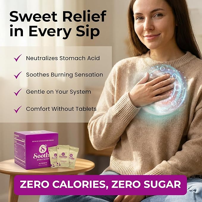 Sweet Relief Soothe Natural Antacids for Acid Reflux - Calcium Carbonate Heartburn Relief, Zero Calorie Sweetener, Beverage Enhancer (100 Count)