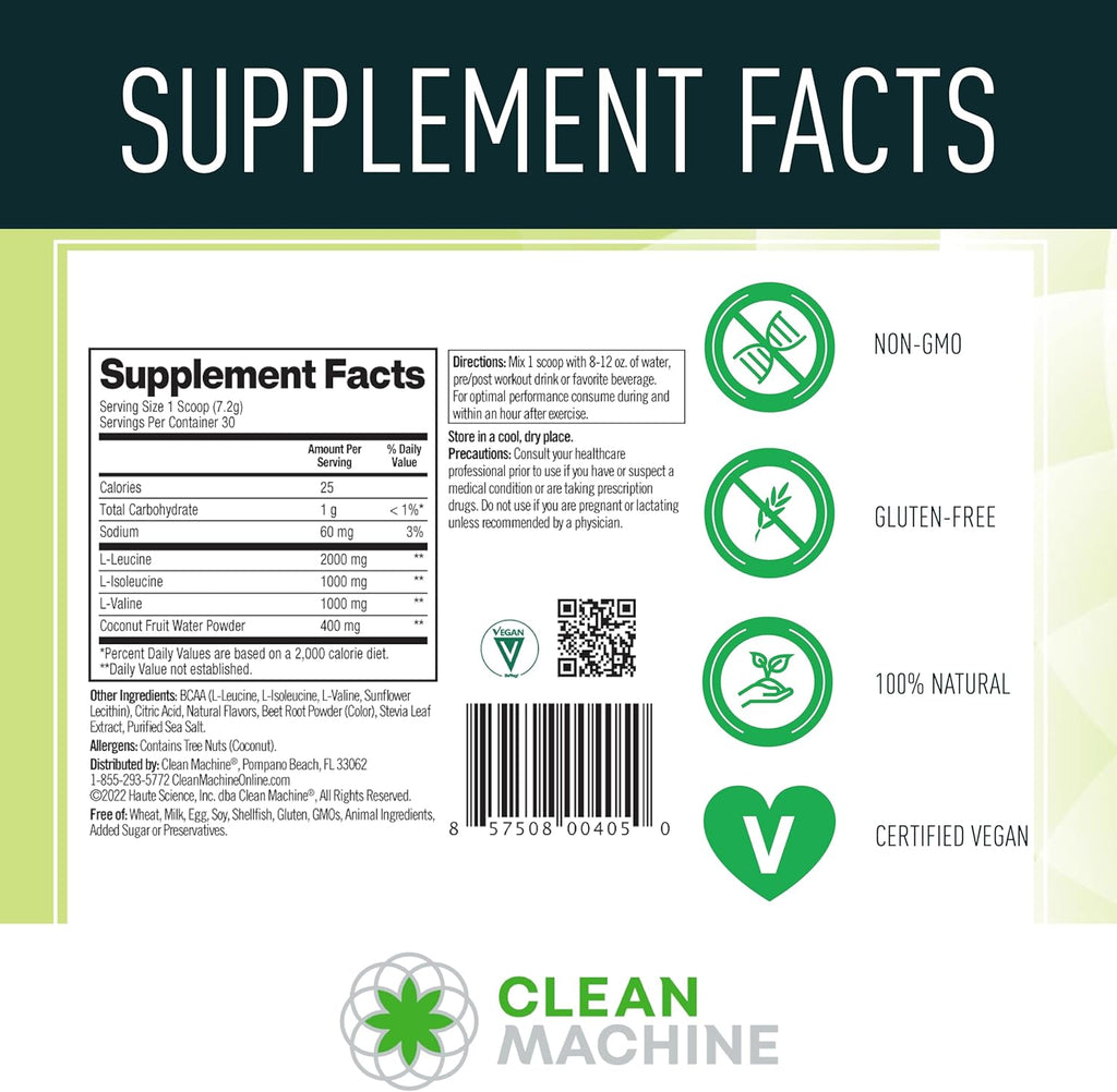 Clean BCAA - 2:1:1 Food Sourced BCAAs Powder & Coconut Water Electrolytes Recovery & Amino Energy Supplement - Award Winning Vegan Amino Acid Supplement - 30 Servings (30, Fruit Punch)