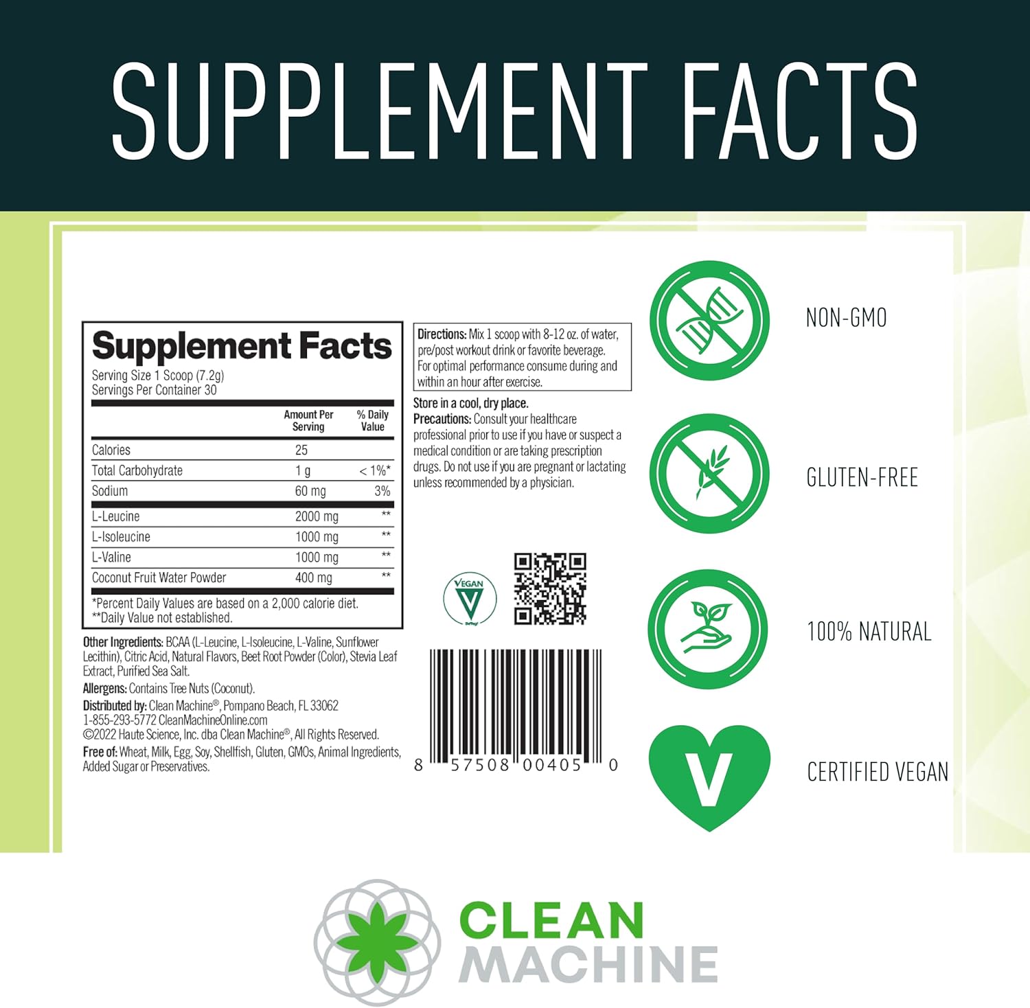 Clean BCAA - 2:1:1 Food Sourced BCAAs Powder & Coconut Water Electrolytes Recovery & Amino Energy Supplement - Award Winning Vegan Amino Acid Supplement - 30 Servings (30, Fruit Punch)