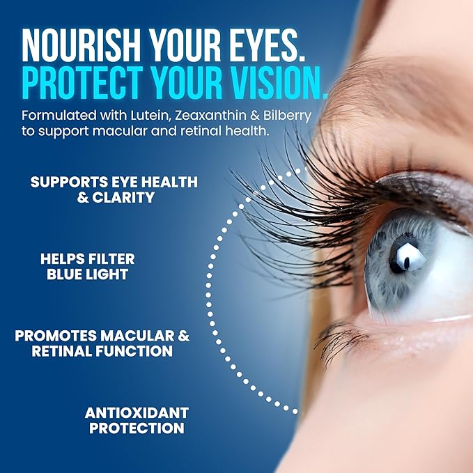 Vision Clarity Eye Vitamins – AREDS2 Inspired Formula with Lutein & Zeaxanthin, Bilberry, Eyebright & Vegan Omega-3 – Macular, Retina & Blue Light Support – for Adults – 2 per Day – 60 Vegan Capsules