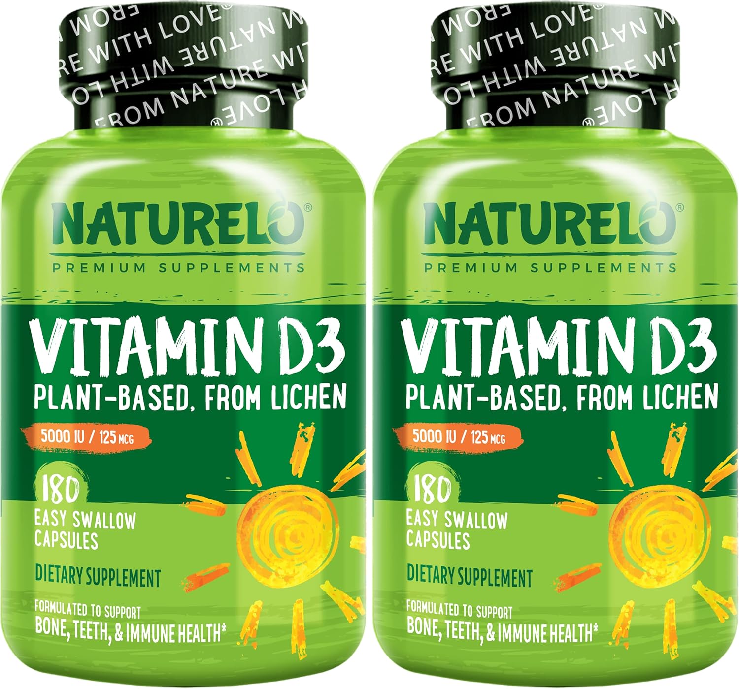 NATURELO Vitamin D - 5000 IU - Plant Based from Lichen - Natural D3 Supplement for Immune System, Bone Support, Joint Health - High Potency - Vegan - Non-GMO - Gluten Free - 180 Capsules (Pack of 2)