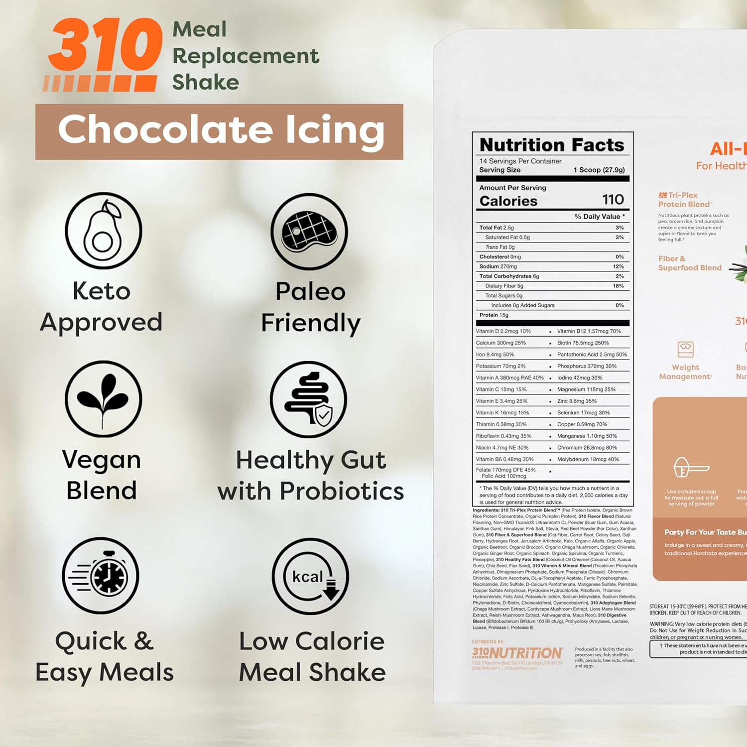 310 Nutrition All-In-One Meal Replacement Shake - Plant-Based Protein Powder with High Fiber, Probiotics, Digestive Enzymes & Adaptogens - Low Carb Vegan Keto Friendly Superfoods Smoothie - Horchata Flavor - 14 Servings