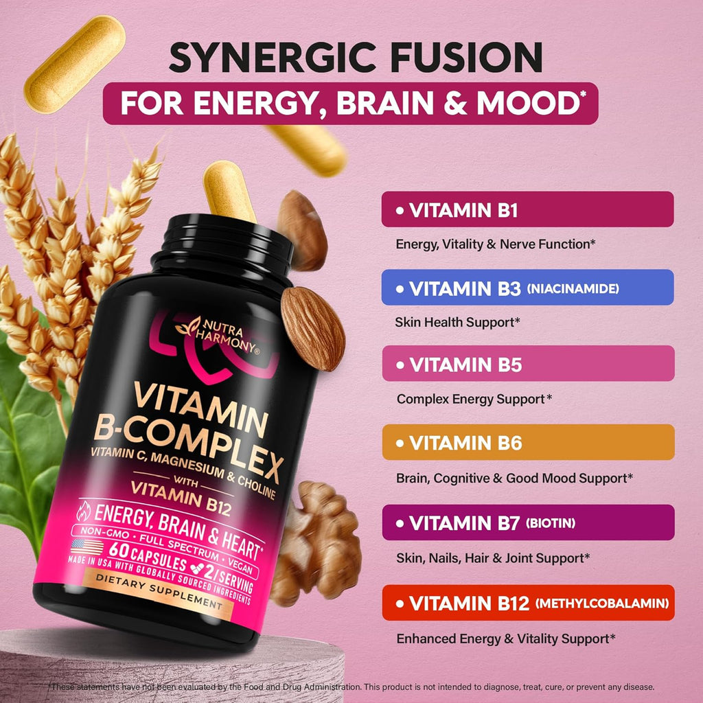 Vitamin B Complex for Men & Women - Riboflavin B2, B12, B1, B3, B5, B6, B7, B8, B9 | Vitamin C, Choline, Inositol - B-Complex Supplement - Energy, Brain & Heart Support - Made in USA, 60 Vegan Caps