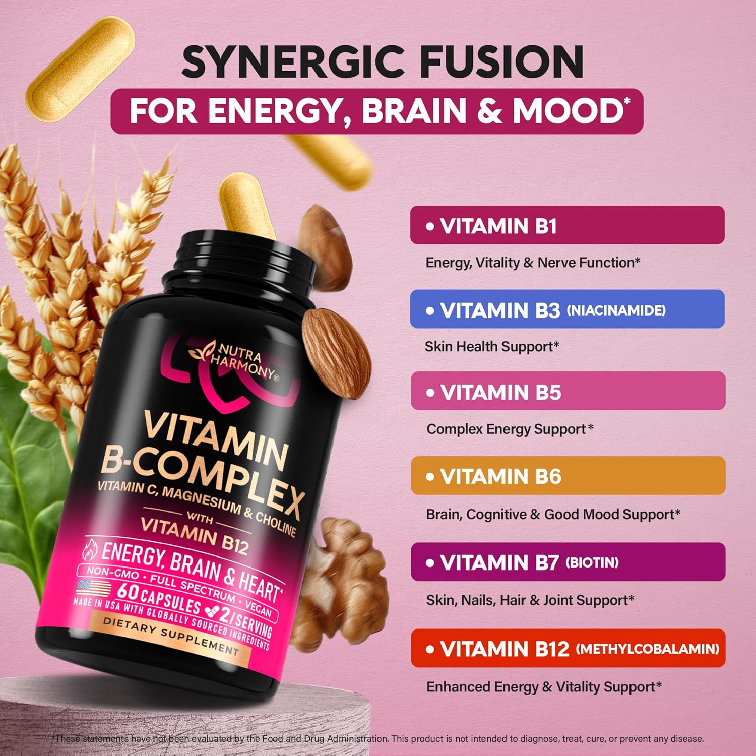 Vitamin B Complex for Men & Women - Riboflavin B2, B12, B1, B3, B5, B6, B7, B8, B9 | Vitamin C, Choline, Inositol - B-Complex Supplement - Energy, Brain & Heart Support - Made in USA, 60 Vegan Caps