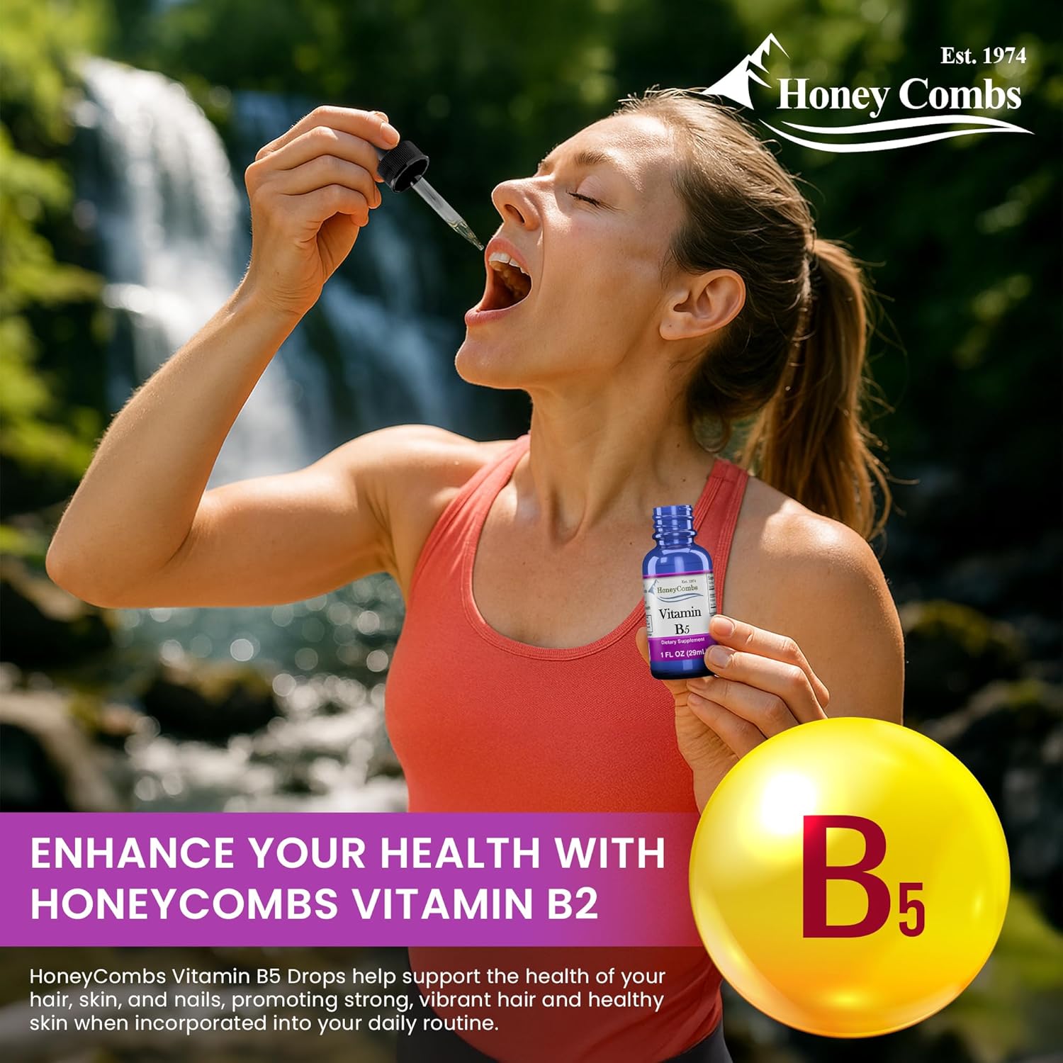 HoneyCombs Vitamin B5 Pantothenic Acid Supplement Liquid Drops - High Potency Vitamin B5 for Men & Women - Maintain Healthy Hormones, Immune System, Hair, Skin, Nails - Vegan Liquid Vitamins (8 Fl oz)