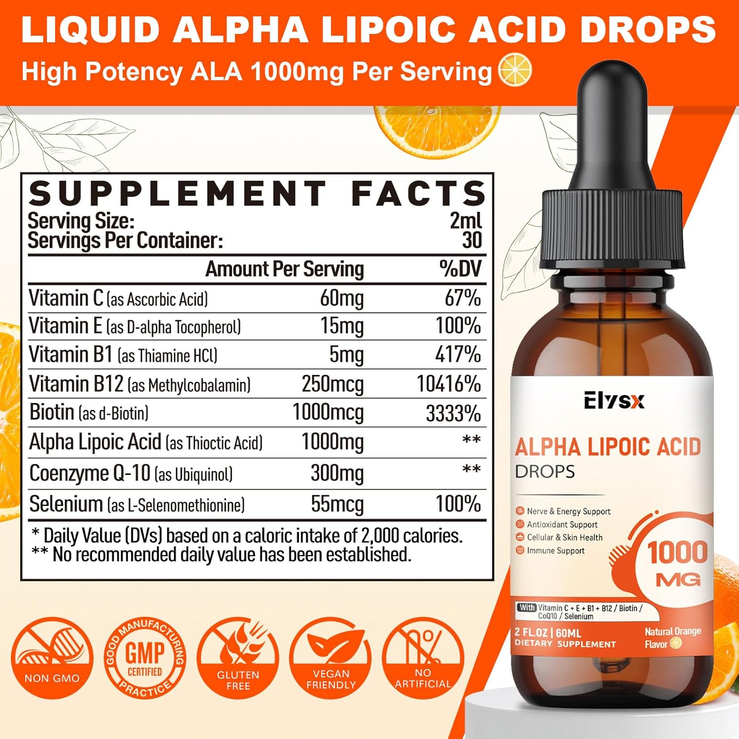 Alpha Lipoic Acid Liquid Drops 1000mg, ALA Supplement for Nerve and Antioxidant Support with Biotin, Natural Orange Flavor, 2FL OZ