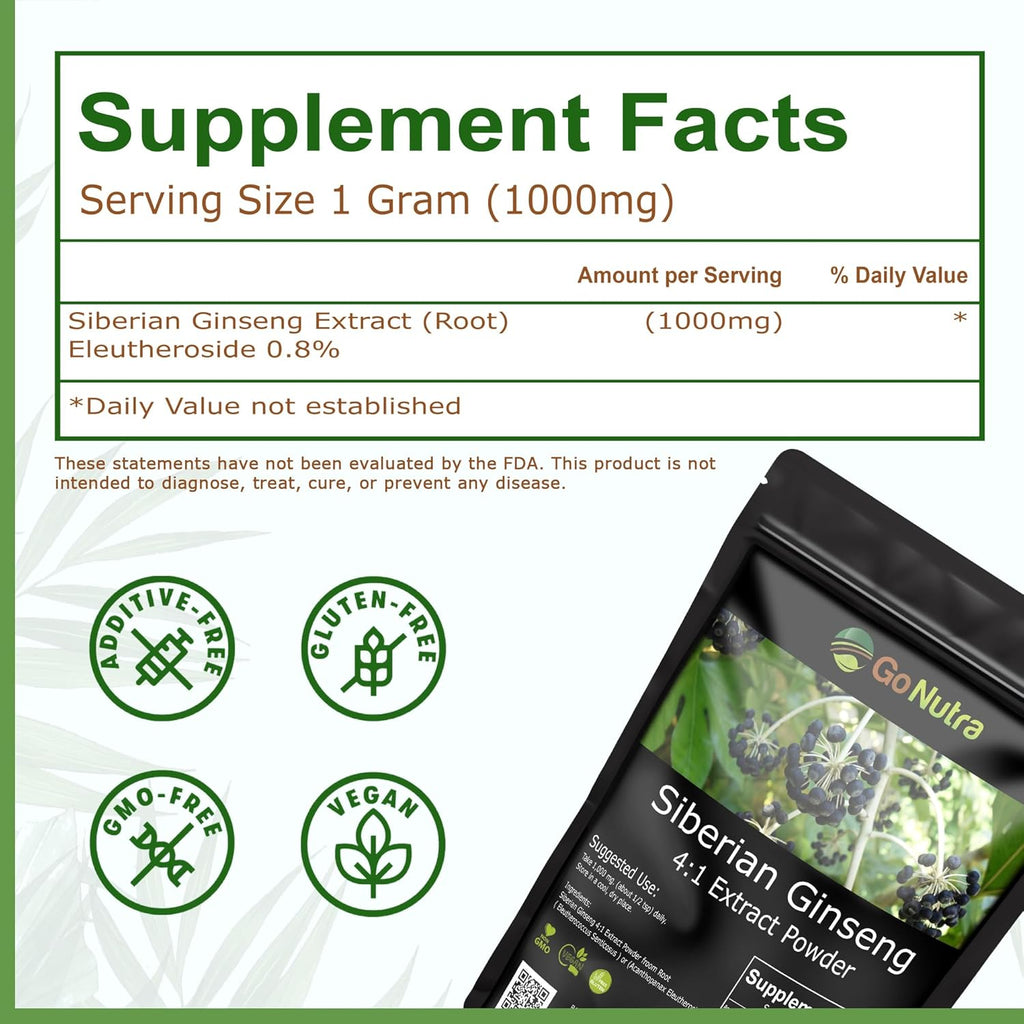 Go Nutra Siberian Ginseng - Eleuthero Root Powder | 4:1 Extract 4X Times Stronger | Supports Energy & Stamina | Natural & Adaptogenic | Eleutherococcus Senticosus | Non-GMO | 4 Ounce