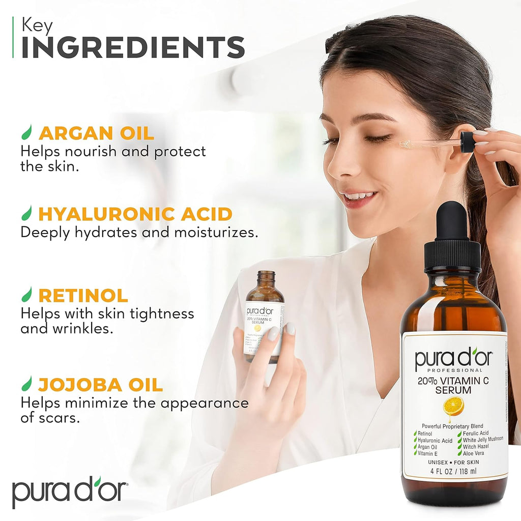 PURA D'OR 20% Vitamin C Serum 4 Oz - Lightweight Maximum Strength Formula - Retinol, Hyaluronic Acid, Ferulic Acid - Professional Grade Treatment For Face & Eyes, Wrinkles - Men & Women