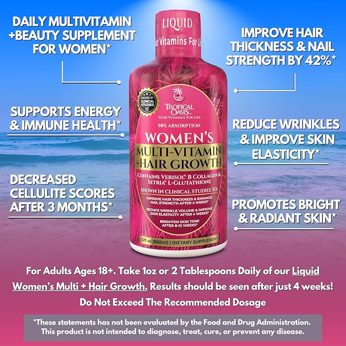 Tropical Oasis Women's Liquid Multivitamin + Hair Growth | 2.5g Verisol Collagen | Biotin 12500mcg | Clinically Tested for Thicker Hair, Wrinkles, Brighter Skin, Strong Nails | 32 Serv