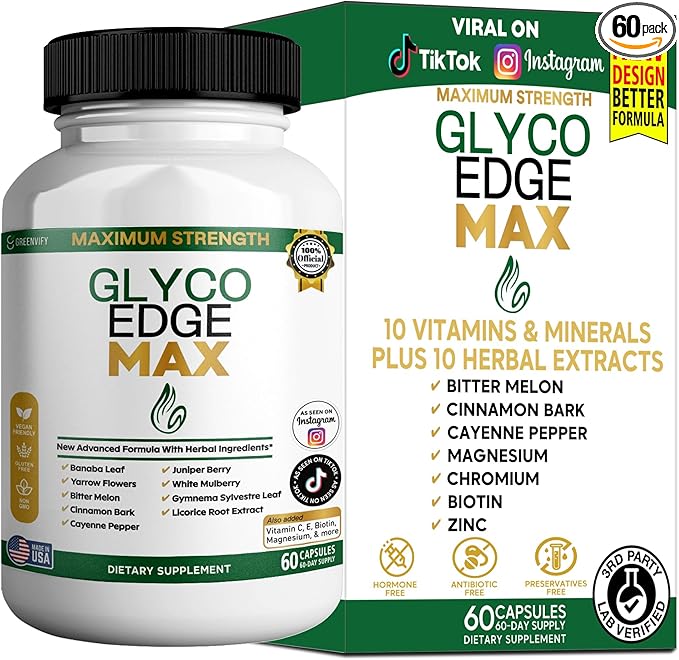 GLYCO Edge MAX Maximum Strength Supplement, 60 Veggie Capsules, with Banaba Leaf, Bitter Melon, Gymnema Sylvestre, Vitamins and Minerals (1)