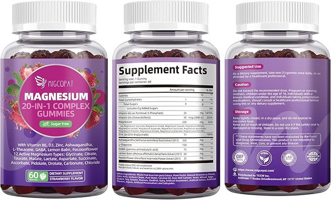 Magnesium Complex Gummies, 20 in 1 Magnesium Gummy with Glycinate Citrate Malate Taurate - Ashwagandha, L-Theanine, D3&Zinc for Relaxation, Sleep, Muscle&Heart Support, Strawberry, 60 Cts