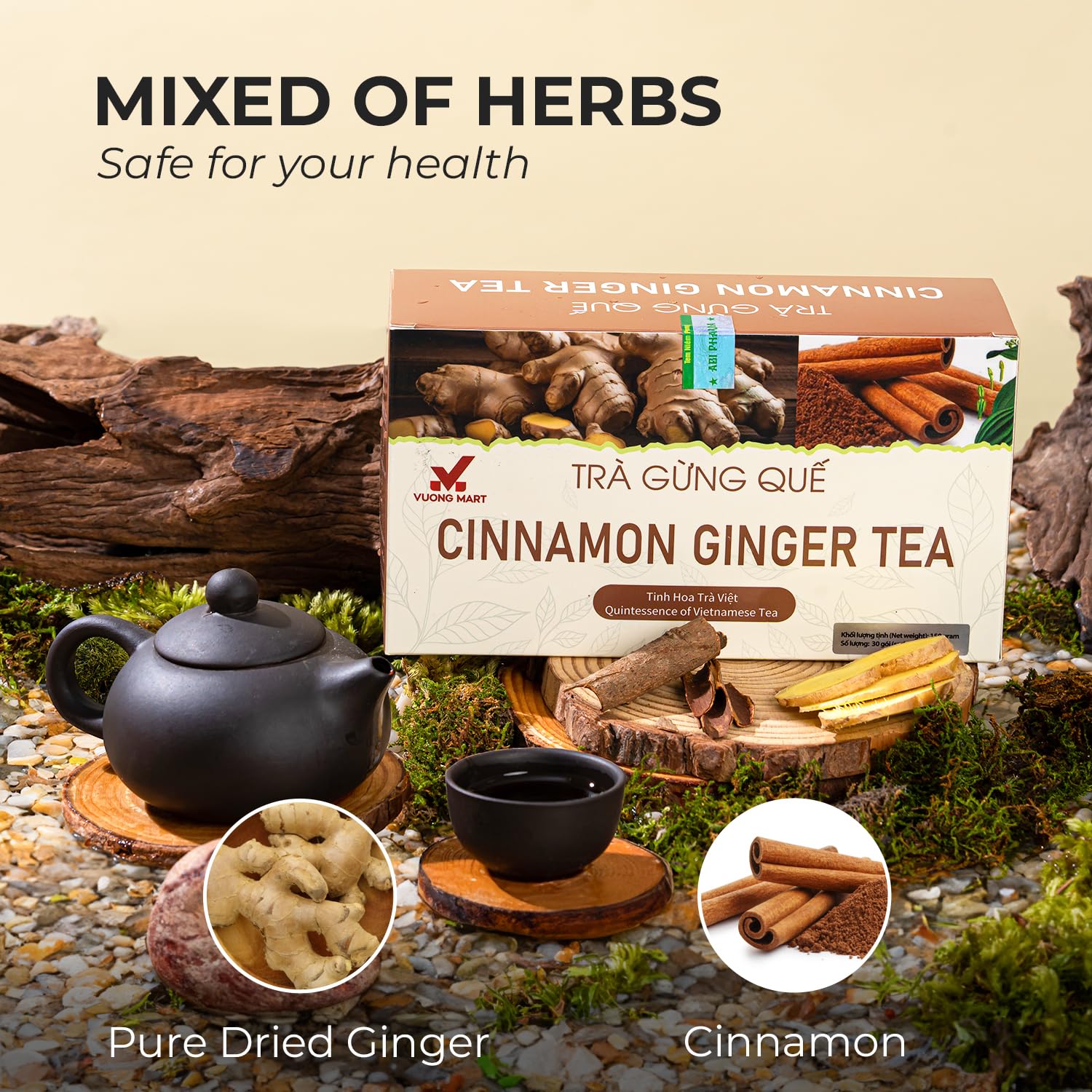VUONGMART Dried Ginger Cinnamon Tea, 100% Pure & Hand Pick, Organic Herbal Tea, 30 Tea Bags, Gluten Free, Dairy Free, No Sugar Added & Natural, Energy Boost & Health Support