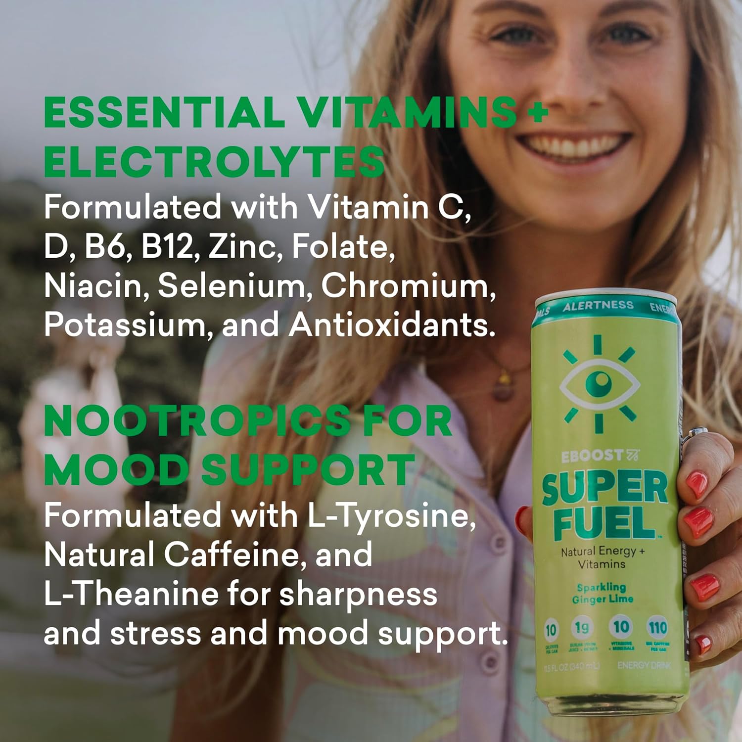 EBOOST Super Fuel Healthy Energy Drink - Caffeine from Natural & Clean Ingredients For Focus and Productivity -Taurine Free Pre-Workout With Electrolytes, Nootropic & Vitamins - Ginger Lime, 12 Pack