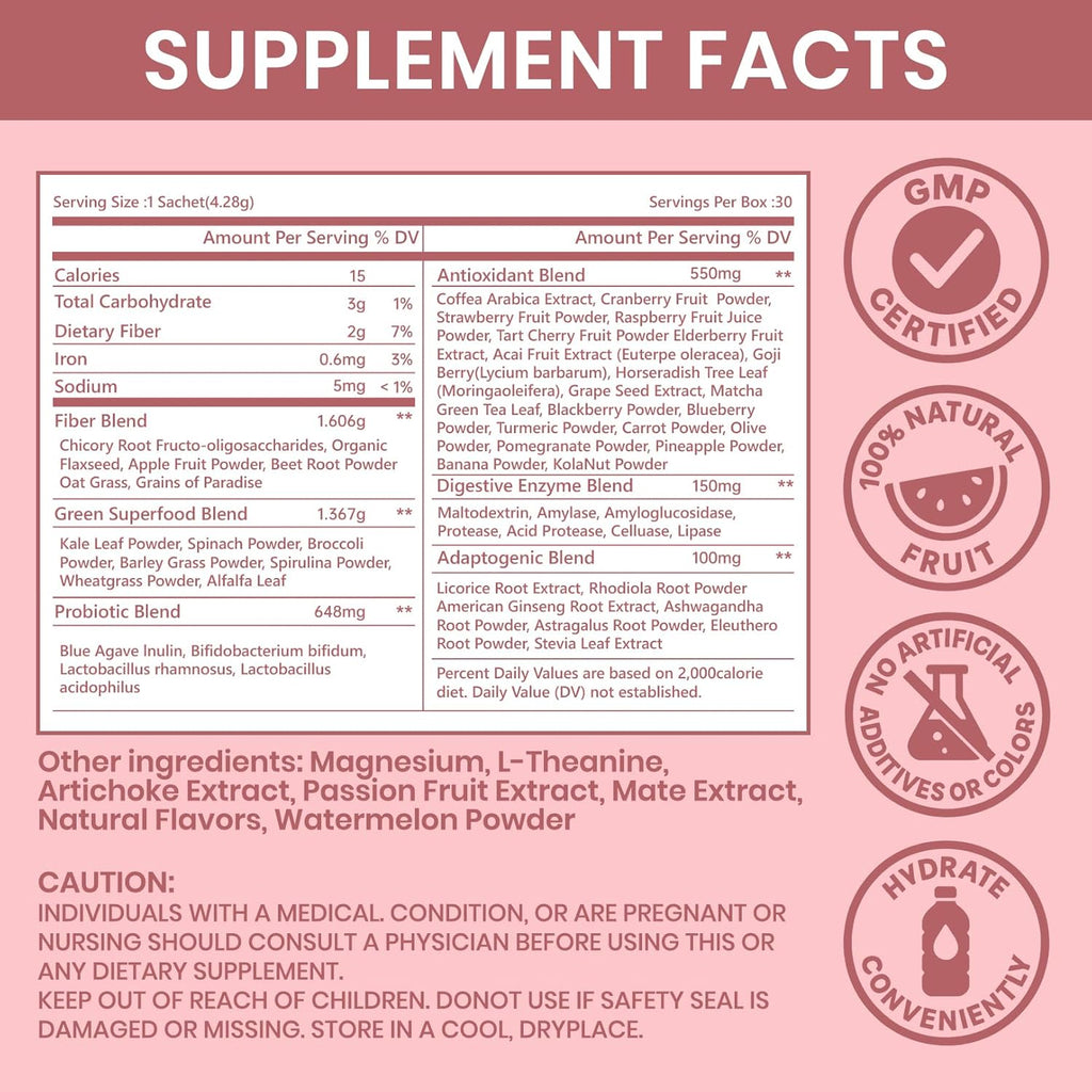 Happy Cleaner Gut Health Superfoods Probiotic Powder for Women, Watermelon Flavor, with Prebiotic & Probiotic, Organic Fiber, Immune Health, Natural Antioxidant, 30 Servings
