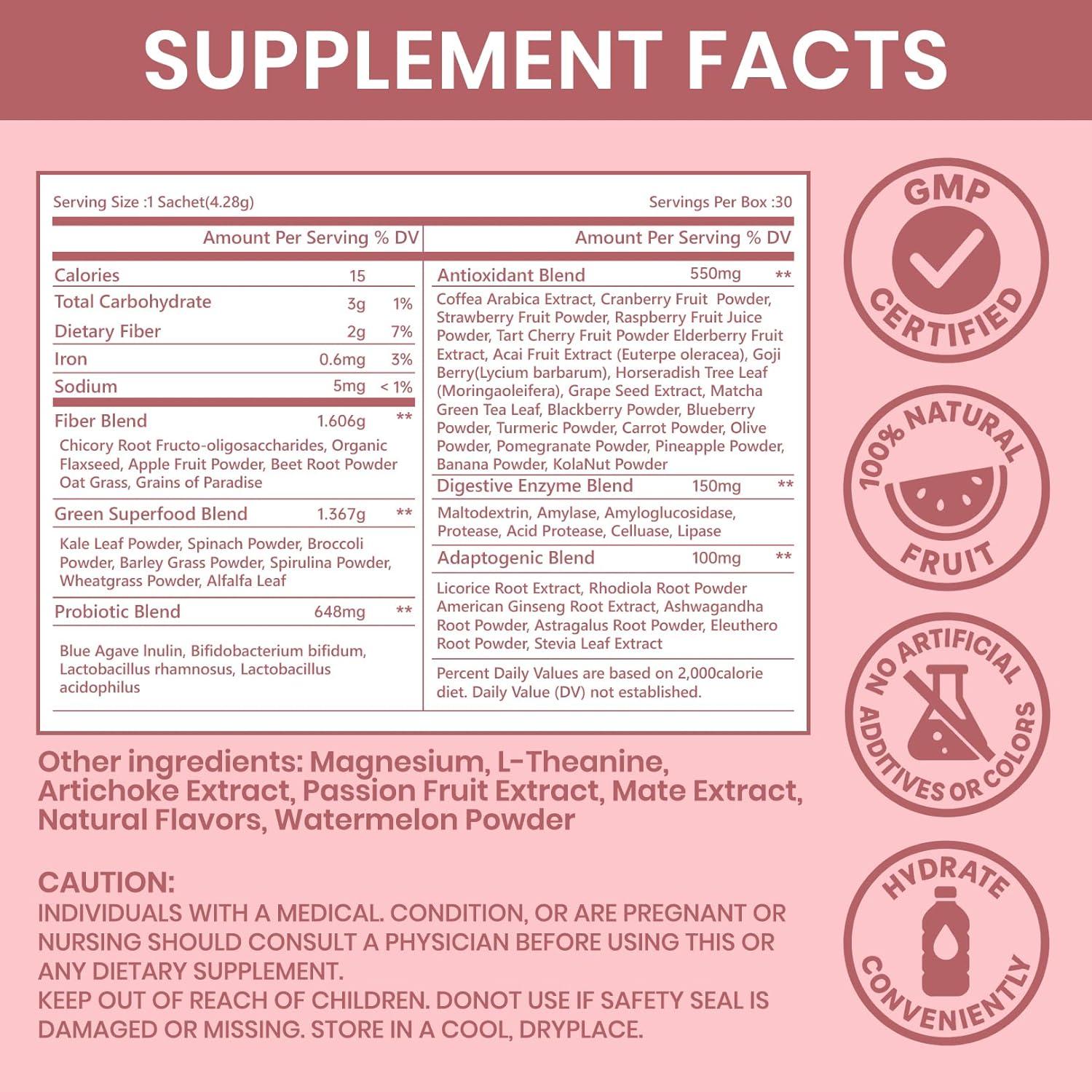 Happy Cleaner Gut Health Superfoods Probiotic Powder for Women, Watermelon Flavor, with Prebiotic & Probiotic, Organic Fiber, Immune Health, Natural Antioxidant, 30 Servings