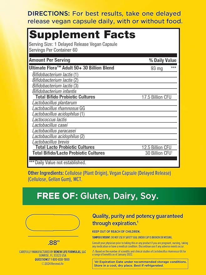 Renew Life Probiotic Adult 50 Plus Probiotic Capsules, Daily Supplement Supports Urinary, Digestive and Immune Health, L. Rhamnosus GG, Dairy, Soy and gluten-free, 30 Billion CFU, 60 Count