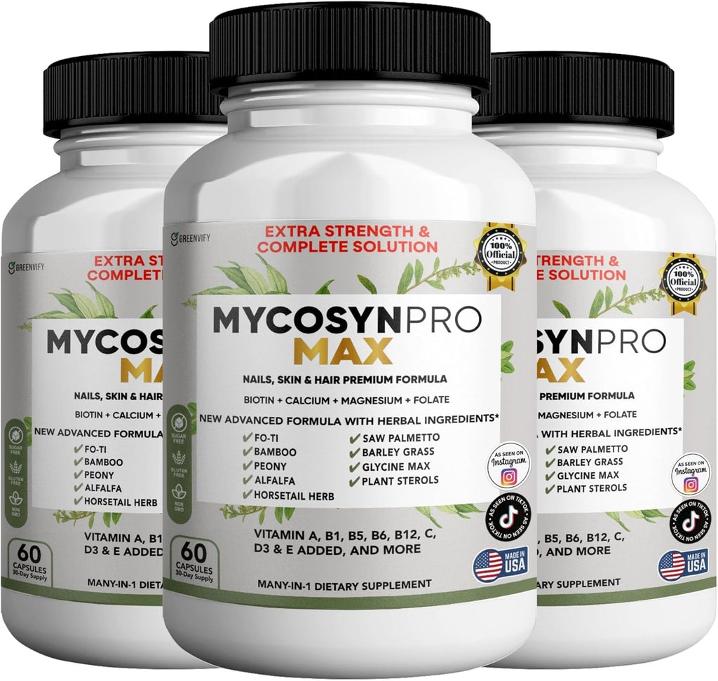 Mycosyn Pro Max Hair Skin Nails Supplement, 60 Capsules, 30 Day Supply, with Biotin 5000mcg, Vitamins A B C D E, Minerals (3)