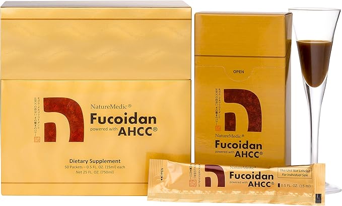 Fucoidan Powered with AHCC® Brown Seaweed Immunity Supplement with High Purity Organic Mekabu Mozuku Agaricus 50 Concentrated Liquid Extract Packets Made in Japan (1 Box)