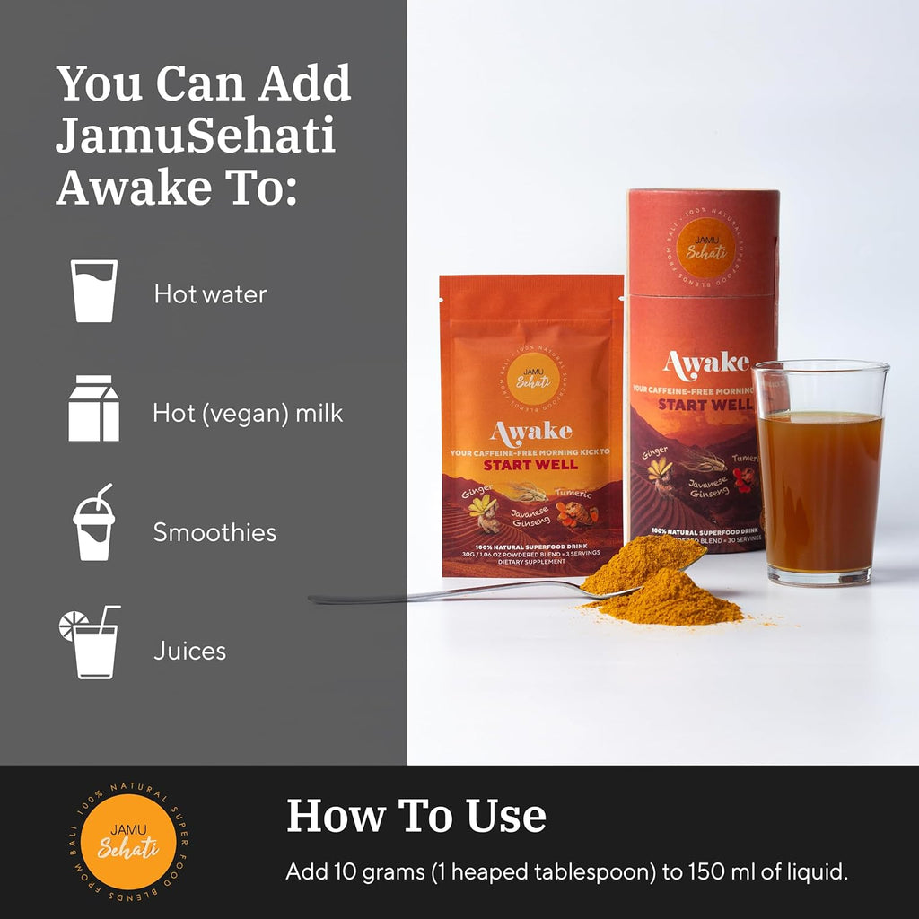 JAMUSEHATI Awake, Caffeine-Free Morning Kick, Natural Superfoods Blend from Bali, Containing Ginger, Turmeric and Javanese Ginseng, Cylinder (300g)