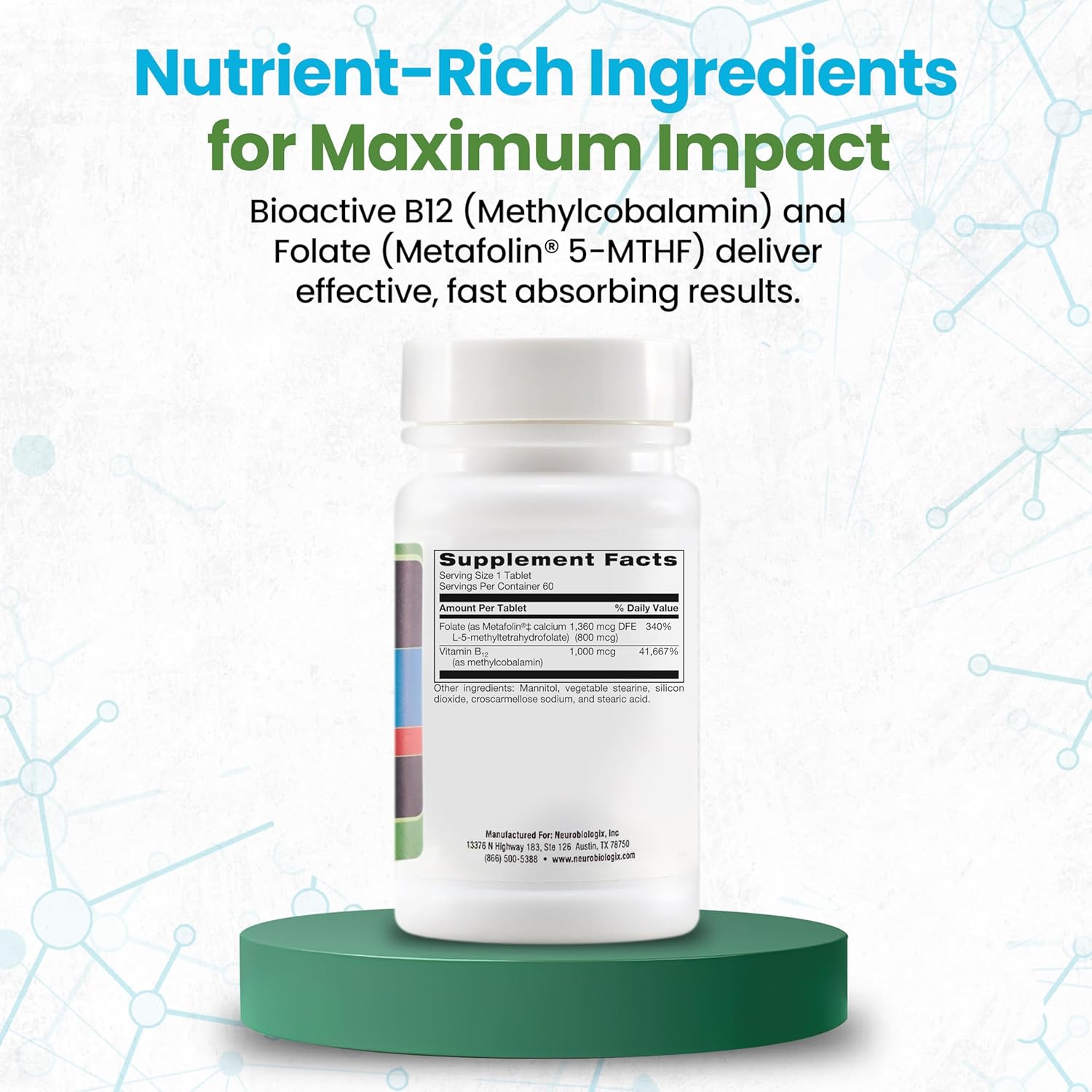 B12 Folate - Methyl Folate Supplement to Support Methylation & Vital Body Functions – With Bioavailable B12 (Methylcobalamin) & Folate (Metafolin® 5-MTHF) for Enhanced Absorption - 60 Tabs