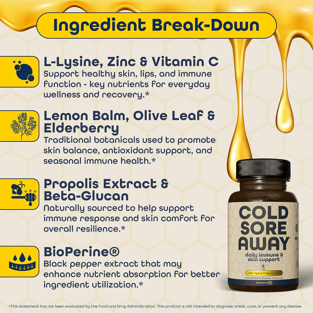 L Lysine Cold Sore Treatment Support, Herbal Cold Sore Supplement w/Zinc Picolinate, Olive Leaf Extract, Beta Glucan, & Bee Propolis for Skin & Lip Health, 90 Capsules