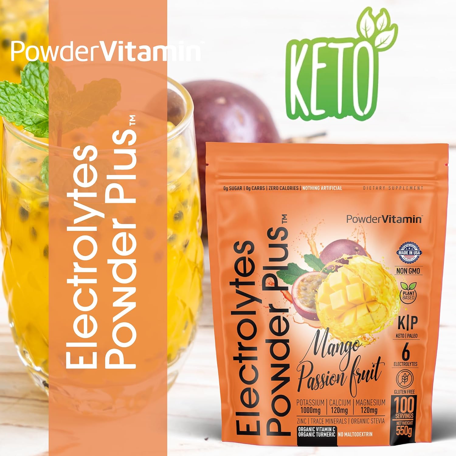 PowderVitamin Electrolytes Powder Plus (100 Servings) Mango Passionfruit Electrolyte Powder Zero Calorie Keto,0Sugar, No Maltodextrin,1000mg Potassium,120mg Calcium,120mg Magnesium, Hydration Powder