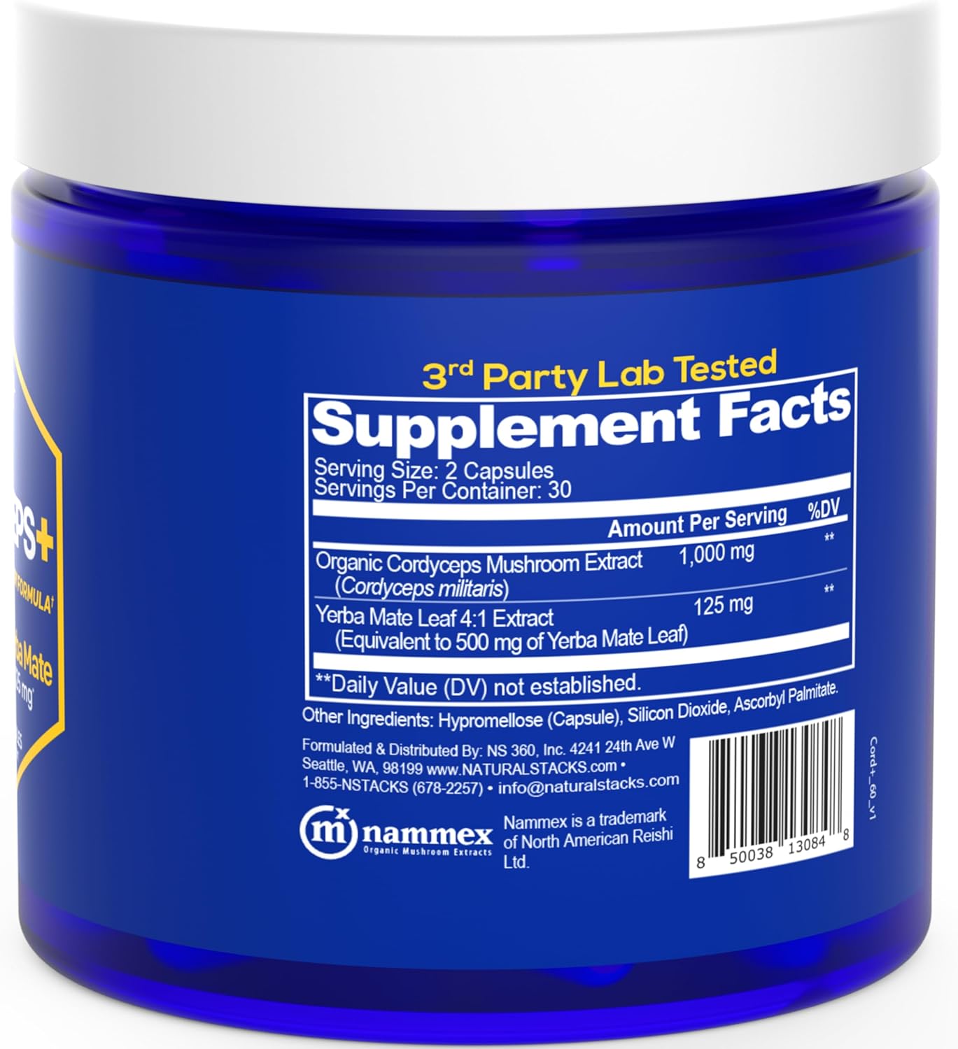 Cordyceps Mushroom Capsules - 1000mg Cordyceps Extract & 125mg Yerba Mate Extract - 100% Fruiting Body Mushroom Supplement - Supports Brain Energy & Cognitive Performance - 60 Yerba Mate Capsules