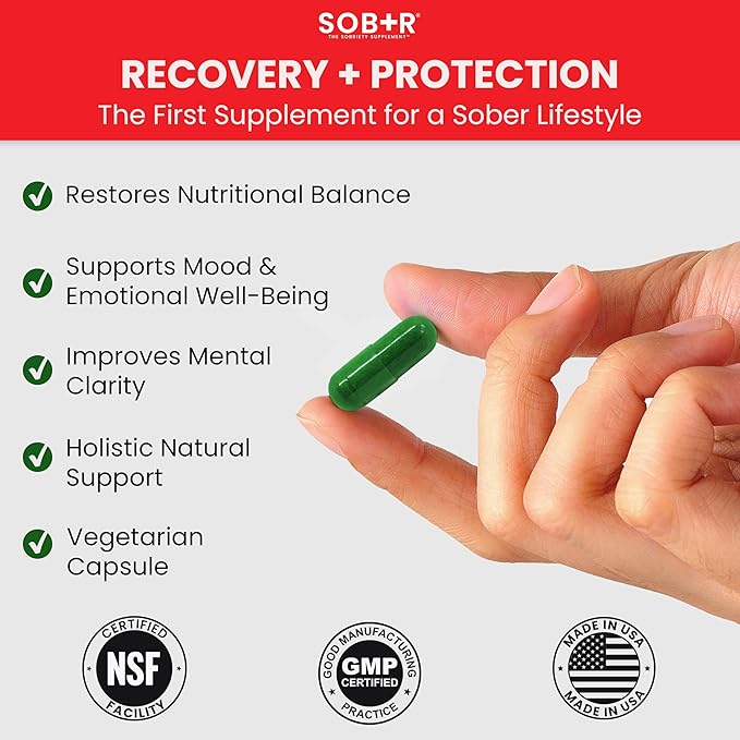 SOB+R Natural Drug Recovery Supplement | Alcohol Craving Blocker for Addiction Support | Restores Nutrients, Boost Mental Clarity | Vegetarian Capsules - Therapist Formulated, Made in USA | 30 Count
