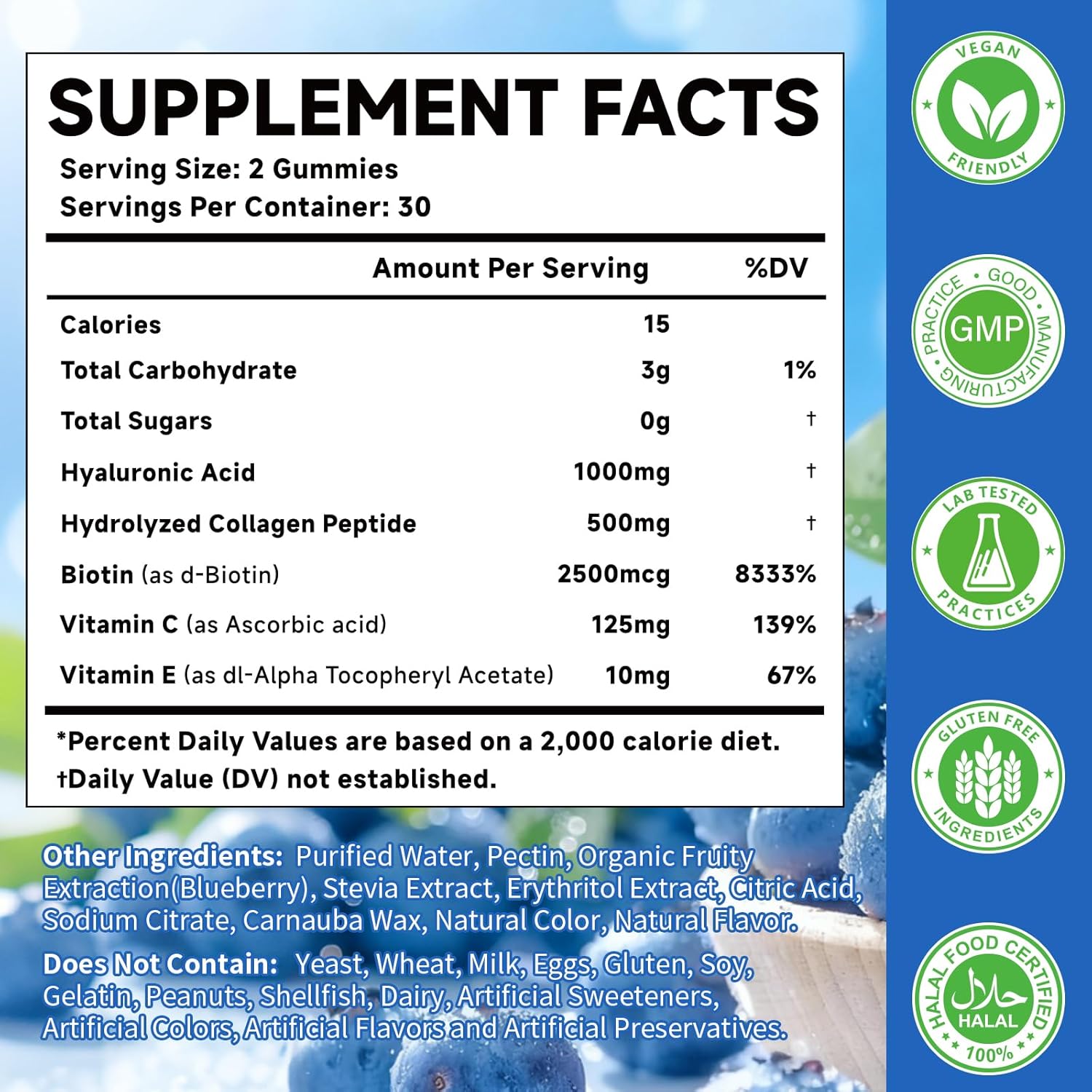 Hyaluronic Acid Supplements 1000 mg, with Hydrolyzed Collagen Peptide, Biotin, Vitamin C & E, Supports Skin, Hair & Nails Health, Bioavailable Formula Gummies, Blueberry Flavor, 60 Count