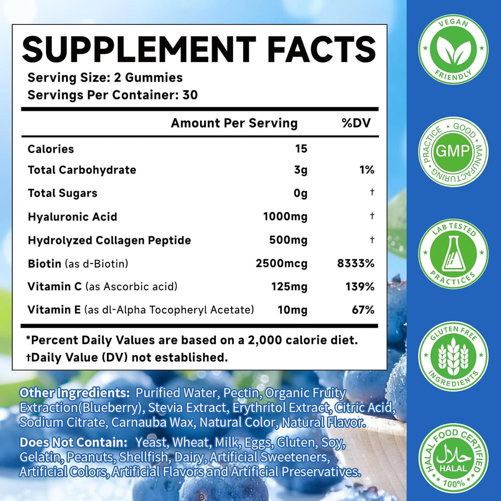 Hyaluronic Acid Supplements 1000 mg, with Hydrolyzed Collagen Peptide, Biotin, Vitamin C & E, Supports Skin, Hair & Nails Health, Bioavailable Formula Gummies, Blueberry Flavor, 120 Count