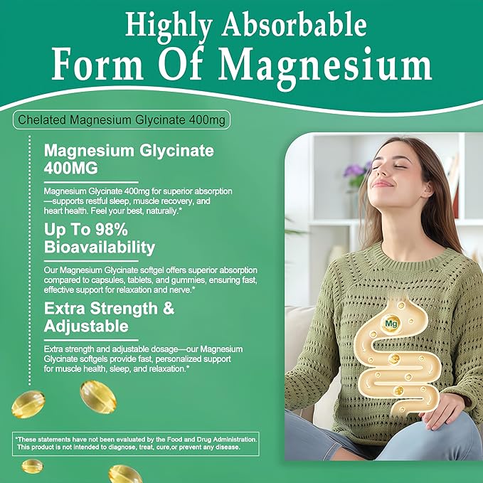 Magnesium Glycinate Softgels - High Absorption Pure Magnesium Glycinate 400mg for Sleep, Calm, Muscle Relaxation, Heart, Bone & Nerve Support for Women & Men - 100% Chelated & Purified Supplement