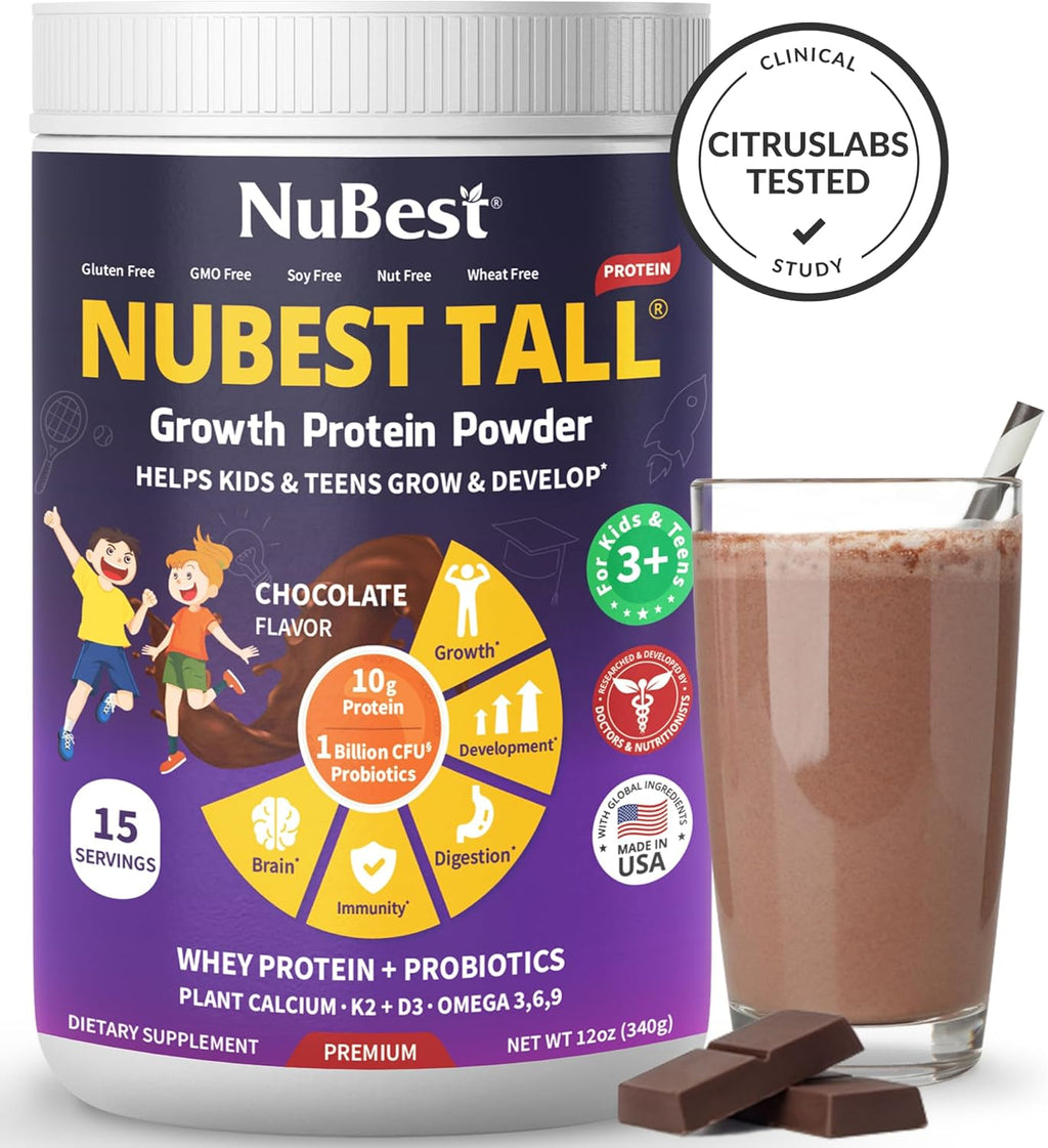 NuBest Tall Protein Powder for Kids & Teens - Chocolate Protein Powder Shake - Protein Drink with Probiotics, Omega 3-6-9, Vitamin D3 + K2, Calcium, Vitamins - Bone Strength and Immunity - Pack 4