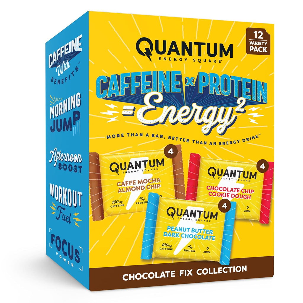 Quantum Energy Square - Peanut Butter Dark Chocolate, Chocolate Chip Cookie Dough, Caffe Mocha Almond Chip - Variety 12-Pack - 4 Bars Each