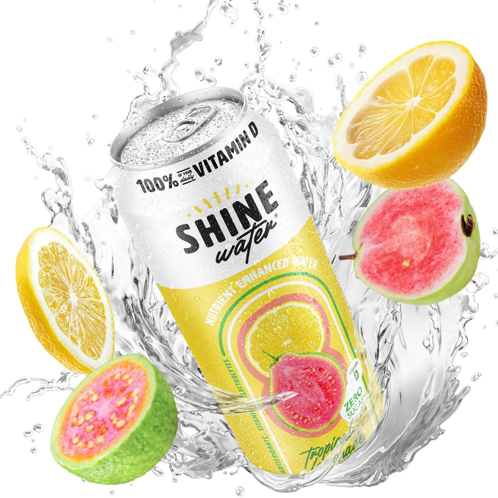 ShineWater Vitamin D Hydration Electrolyte Drink - Flavored water with electrolytes, Sugar-Free, Magnesium, Zinc, Vitamin B12, Plant-Based, Low Calorie - Tropical Lemonade Fruit Water 12 Pack