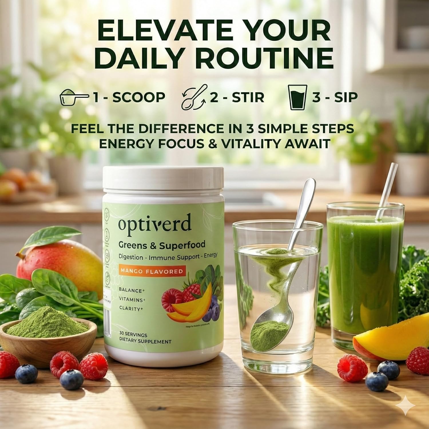 Organic Greens Superfood Powder with Probiotics & Enzymes – Max Gut Health, Energy & Detox – Immune Support – Vegan, Gluten-Free – Mango Flavor (30 Servings)