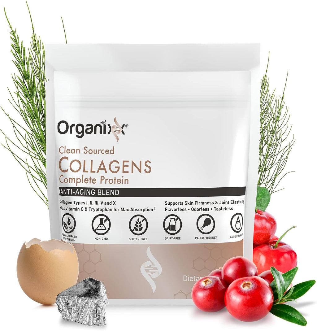 Organixx Collagen Peptides Powder with Vitamin C, Types I, II, III, V, X Hydrolyzed Collagen, Hair, Nail, Skin, Bone & Joint Health, Aging Support, Clean Sourced, Gluten Free, Unflavored, 15 Servings
