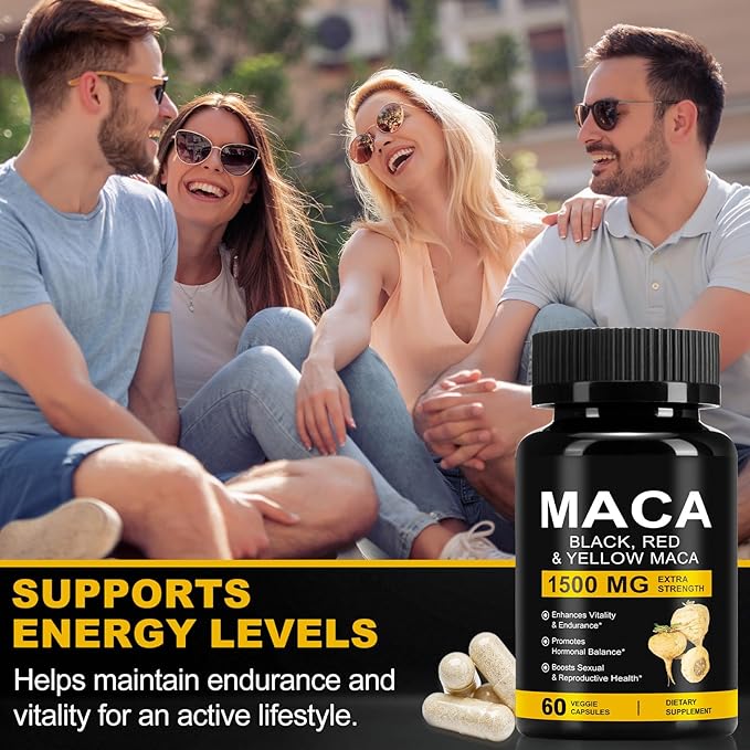 Organic Maca Root Powder Capsules 1500 mg with Black + Red + Yellow Peruvian Maca Root Extract Supplement for Men and Women - 60 Vegan Capsules