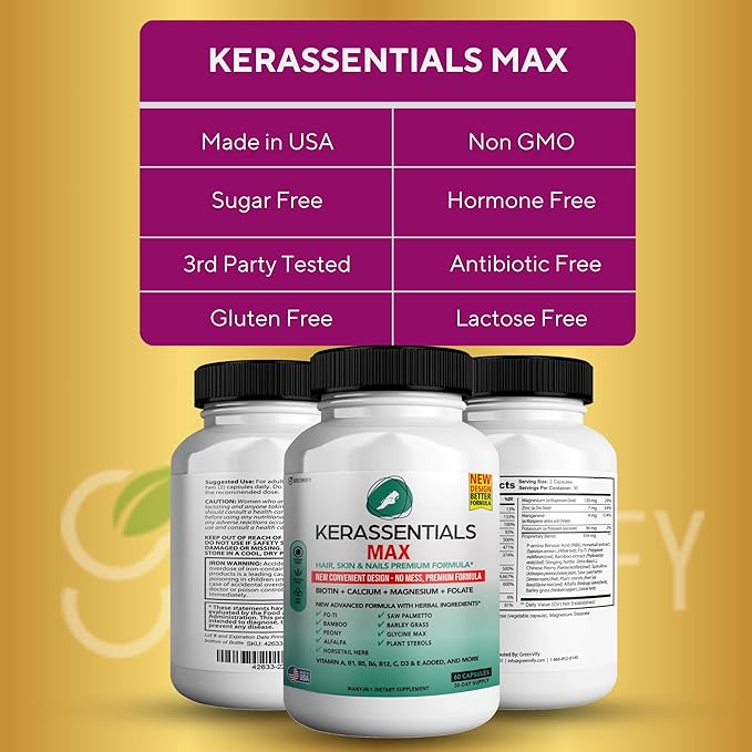 Kerassentials Max - Hair, Skin & Nails Support Supplement | Biotin, Calcium, Magnesium, Folate & Herbal Blend | Premium Formula | 120 Capsules, Vegan & Gluten-Free