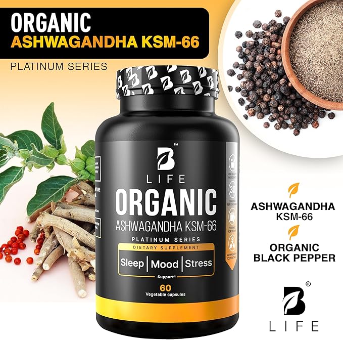 Organic Ashwagandha KSM-66 1000 mg Supplement | Adaptogen for Cortisol Support & Stress Relief | Mood, Calm & Sleep Aid for Men & Women | Ashwagandha ritual vitamins for women | 60 Vegan Caps