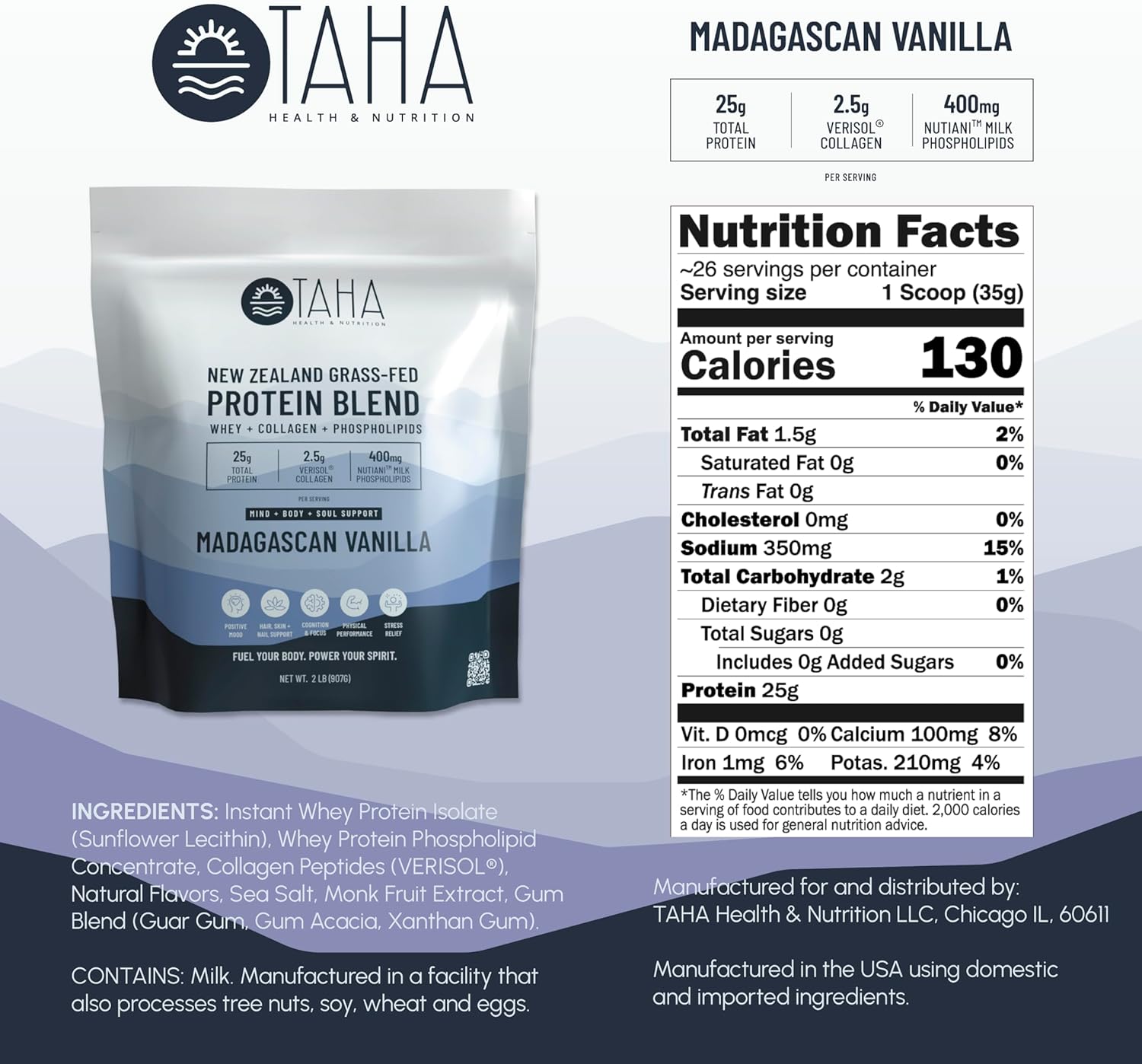 Taha Health & Nutrition Mind + Body Protein Blend – Madagascan Vanilla | 25g Protein from Whey & Collagen + 400mg Milk Phospholipids | Grass-Fed, Free-Range New Zealand Dairy | 2LB