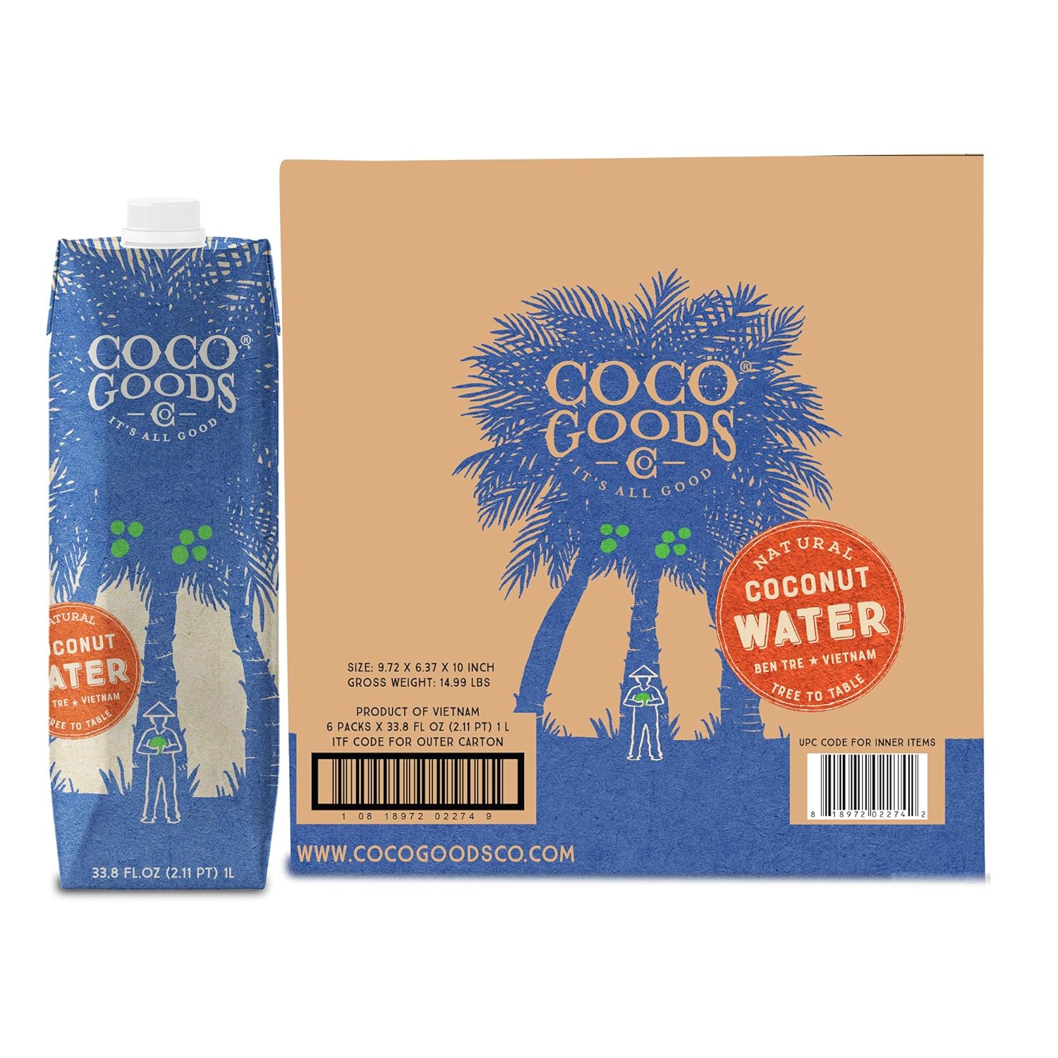 CocoGoods Co. Vietnam Single-Origin 100% Natural Coconut Water, Non-GMO, Never from Concentrate (33.8 fl. oz/1 liter, 6 pack)