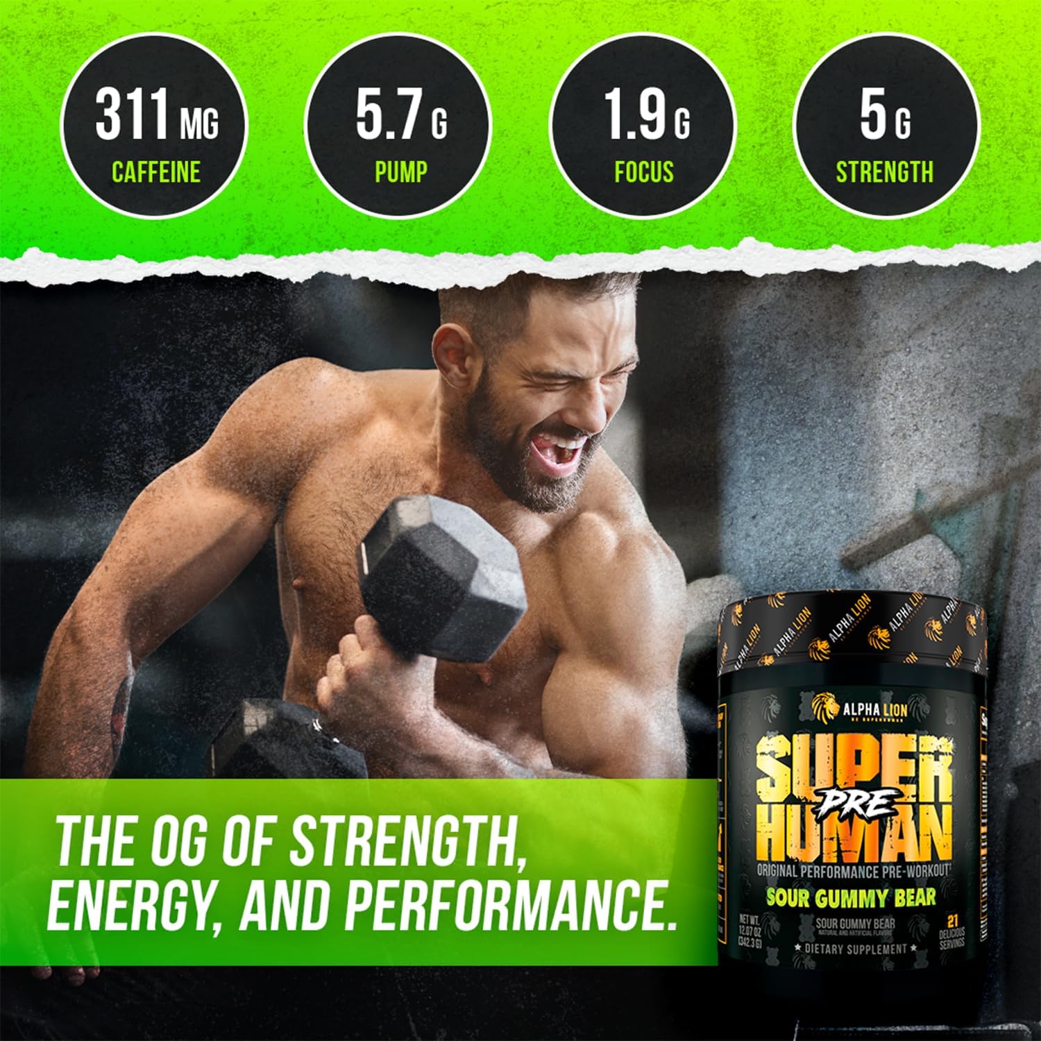 ALPHA LION Superhuman Pre Workout Powder, Beta Alanine, L-Taurine & Tri-Source Caffeine for Sustained Energy & Focus, Nitric Oxide & Citrulline for Pump (21 Servings, Sour Gummy Bear Flavor)
