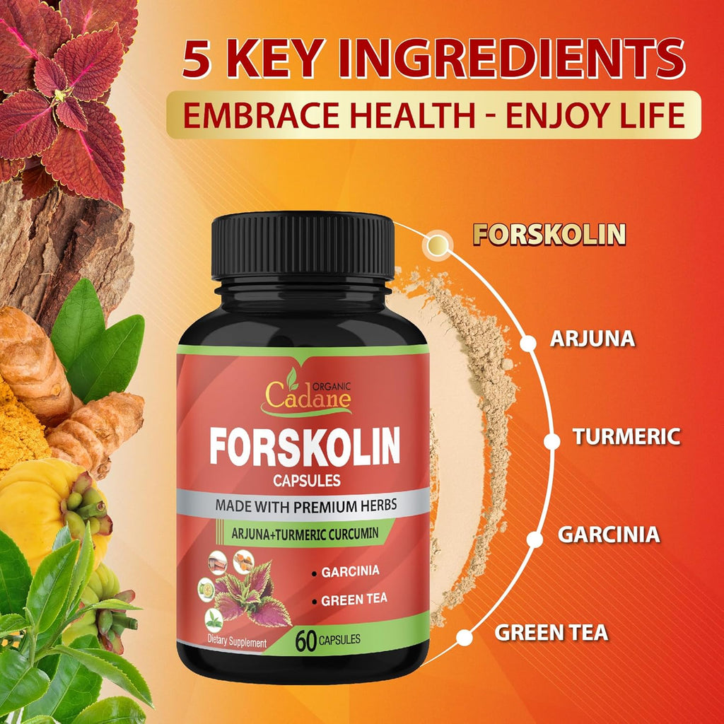 Organic Forskolin Supplements Capsules with Turmeric Curcumin, Arjuna, Garcinia Cambogia, Green Tea - 60 Capsules