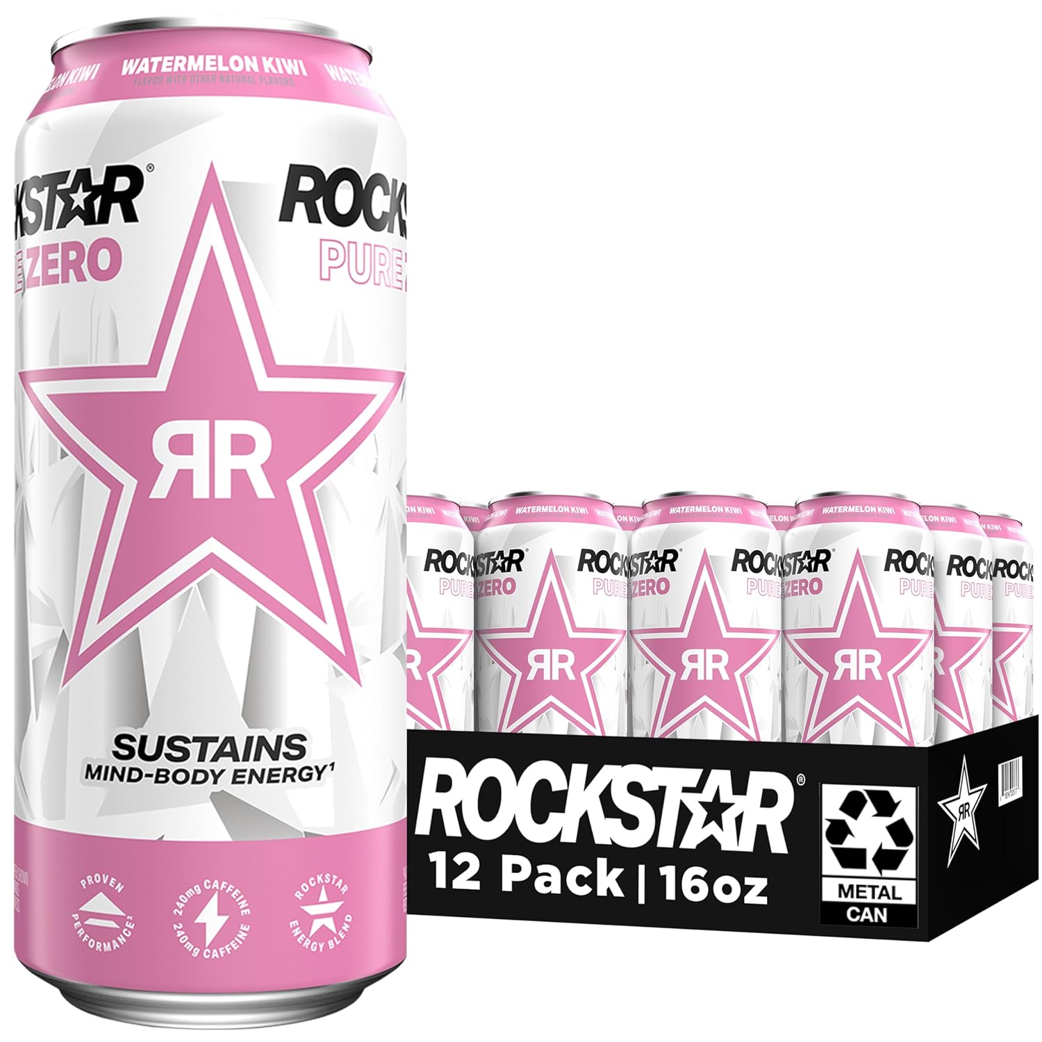 Rockstar Pure Zero Energy Drink,Watermelon Kiwi, 0 Sugar, with Caffeine and Taurine, 16oz Cans (12 Pack) (Packaging May Vary)