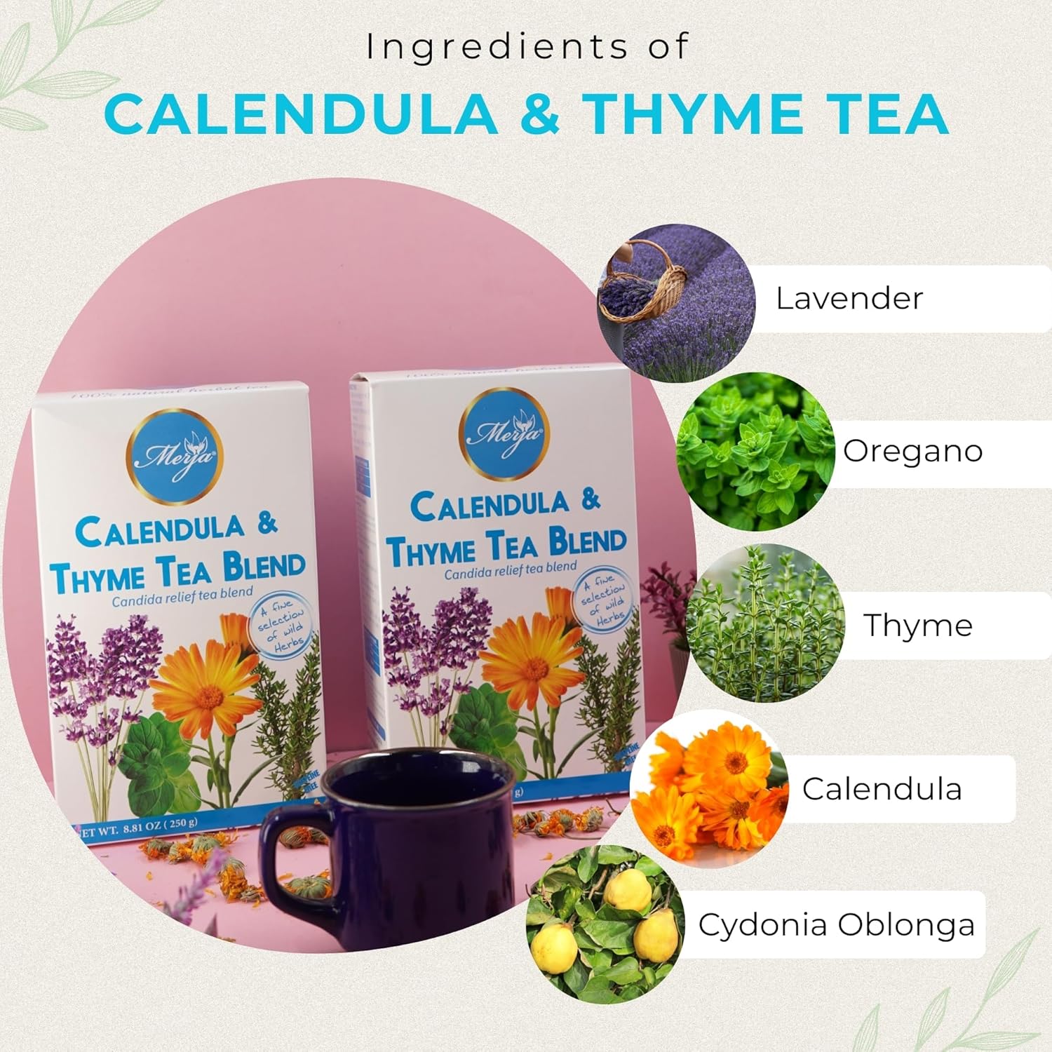 Merja Herbs Calendula & Thyme Tea [250g] 100% Natural for Fungal Cleanse & Body Detox | Decaf Viral Relief | Herbal Teas & Beverages